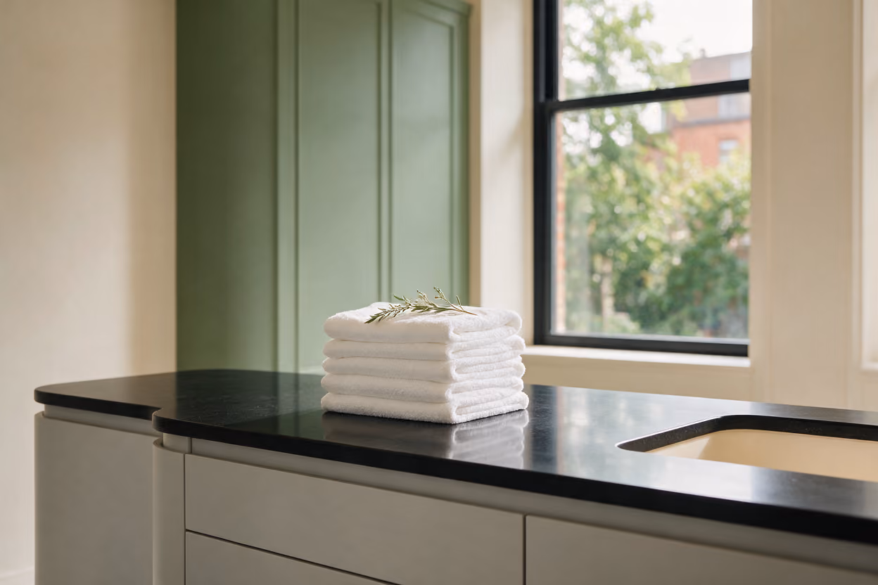 Folded white towels with a botanical sprig in the Profhilo treatment room