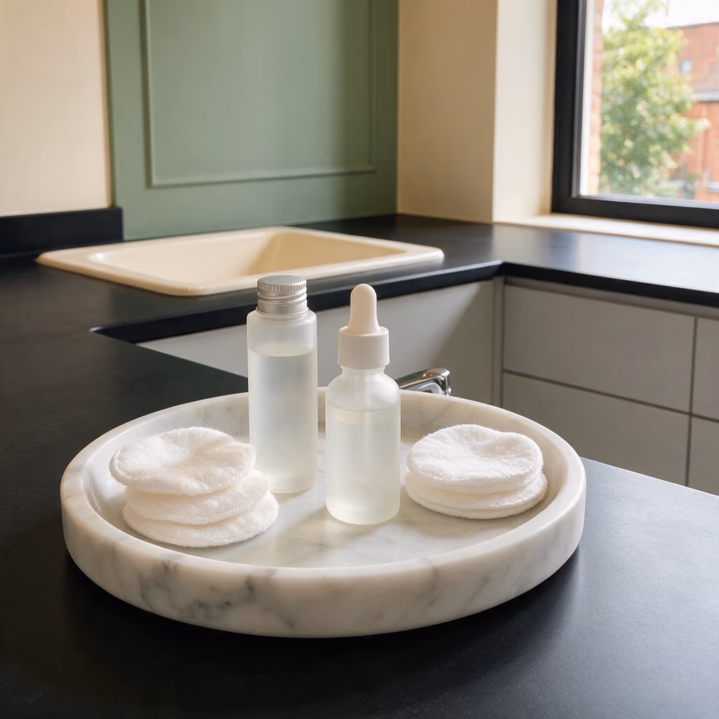Flat lay of cotton pads and frosted bottles on a marble dish for Profhilo treatment