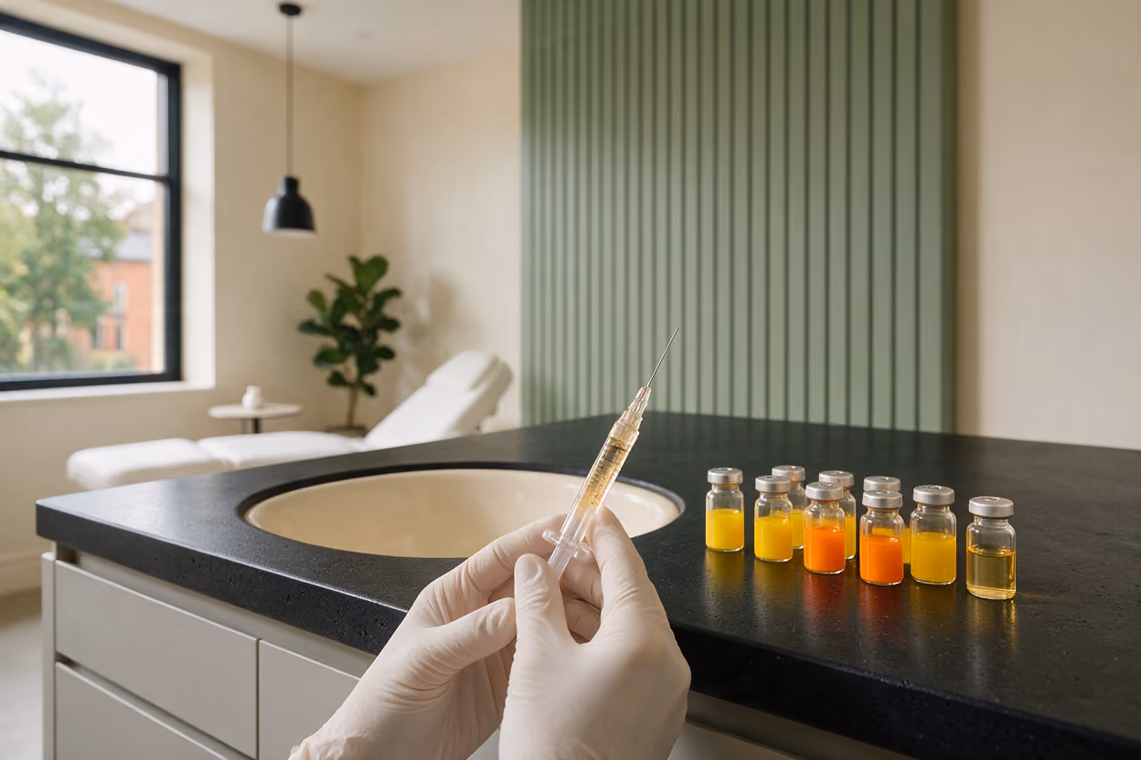 Gloved hands holding a fine mesotherapy syringe beside vitamin skin-cocktail vials in the treatment room