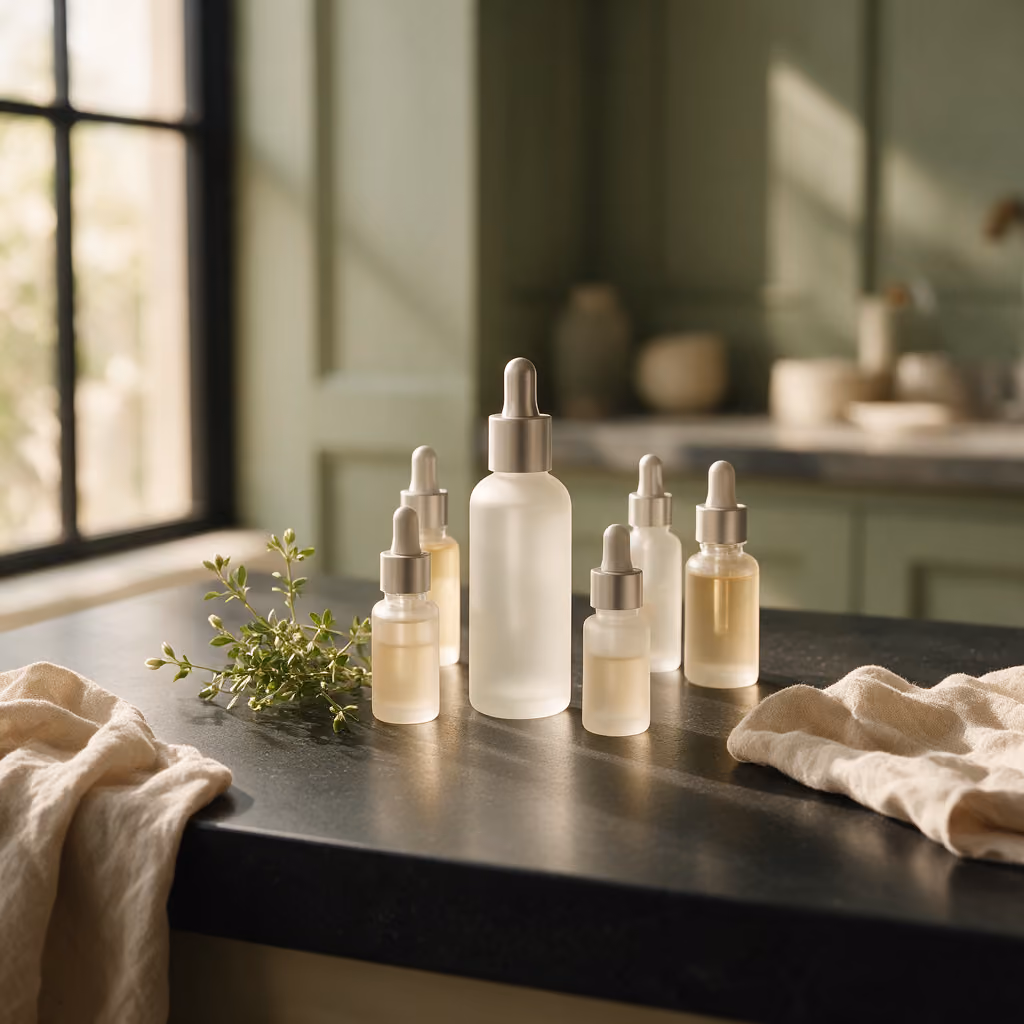 Frosted glass serum bottles with a sprig of botanical greenery in the treatment room