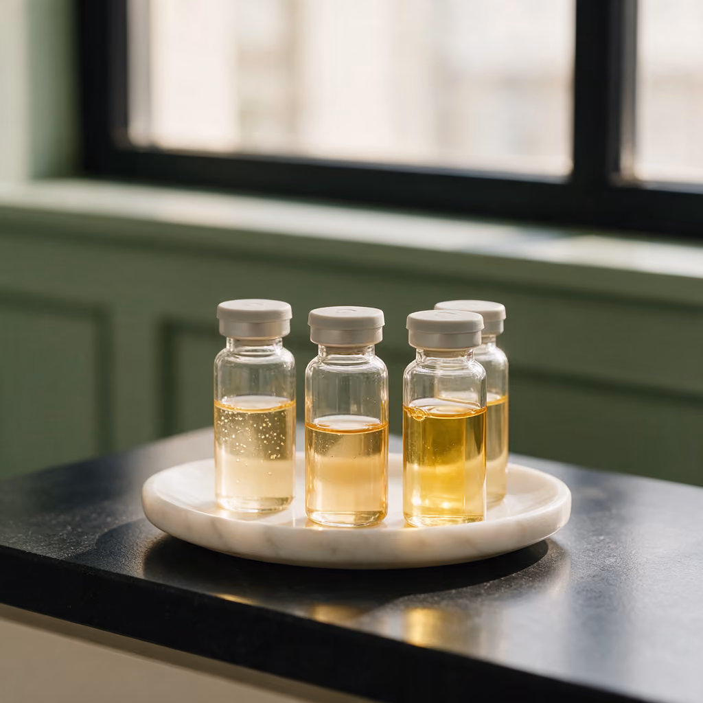 Close-up of vitamin skin-cocktail vials on a marble dish