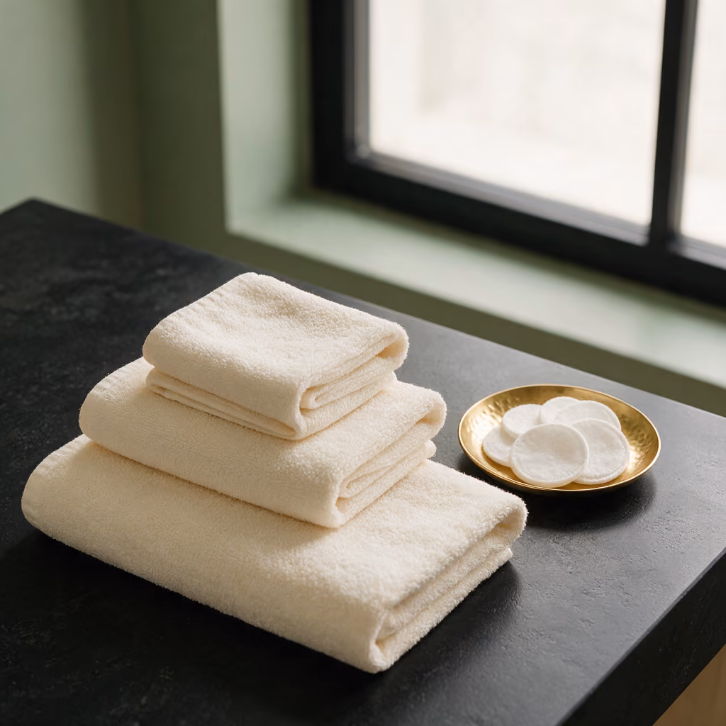 Folded towels and cotton pads on a gold dish, treatment flat lay