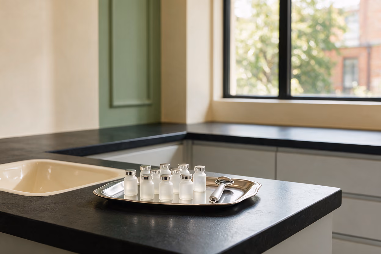 Steel tray setup with frosted glass vials and a cooling roller tool