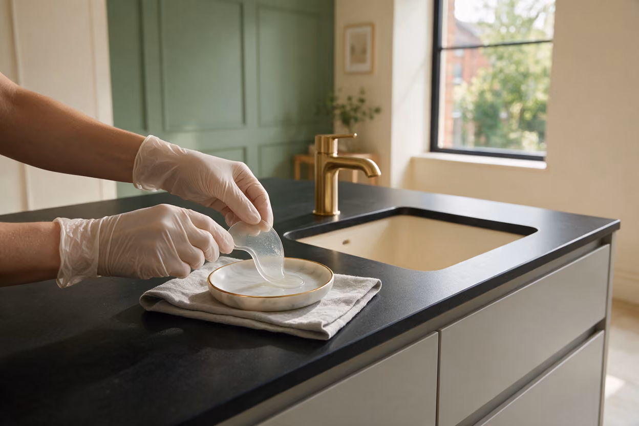 Gloved hands placing an under-eye gel patch beside a cool marble dish in the treatment room