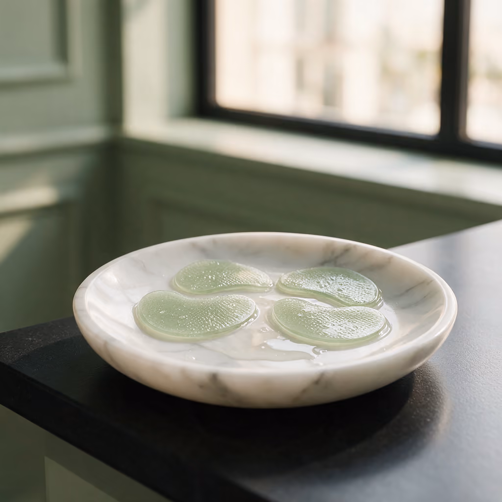 Close-up of under-eye gel patches on a cool marble dish