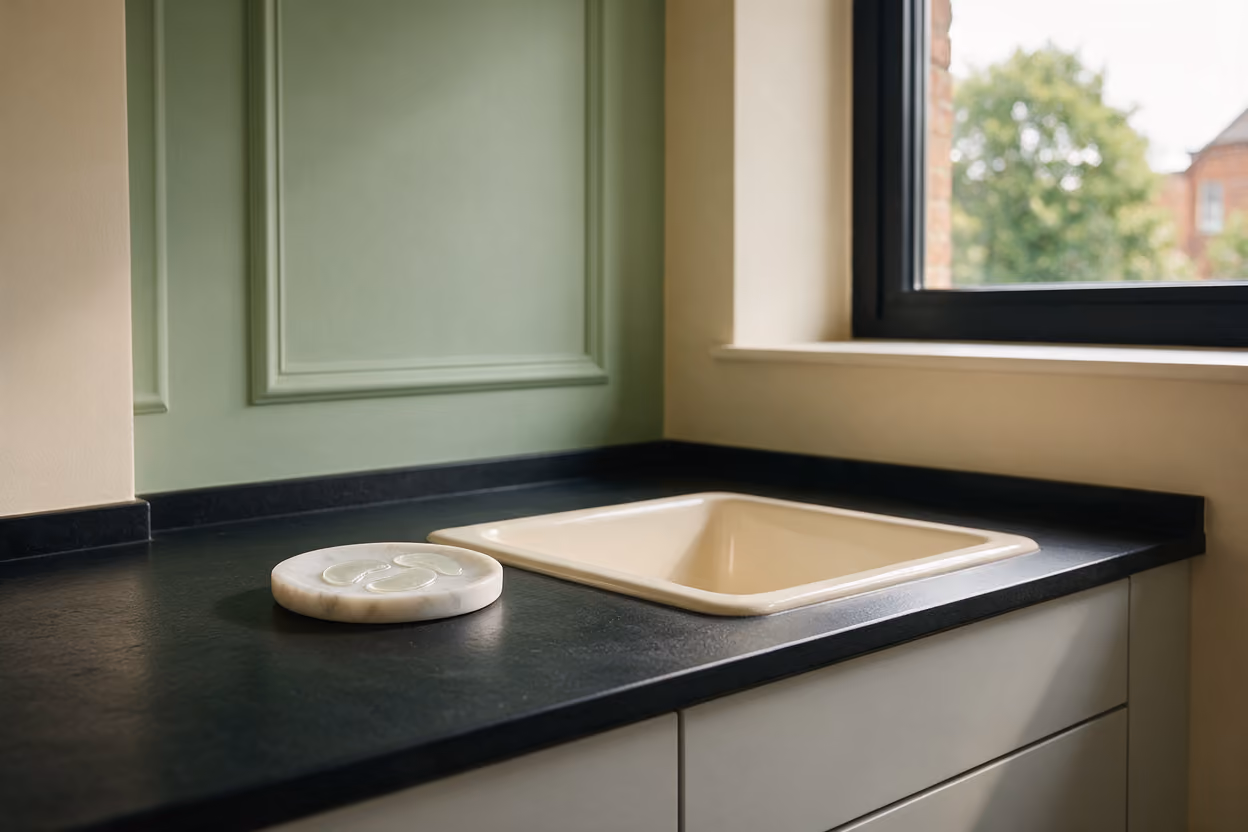 Treatment room worktop with under-eye gel patches on a marble dish by the window
