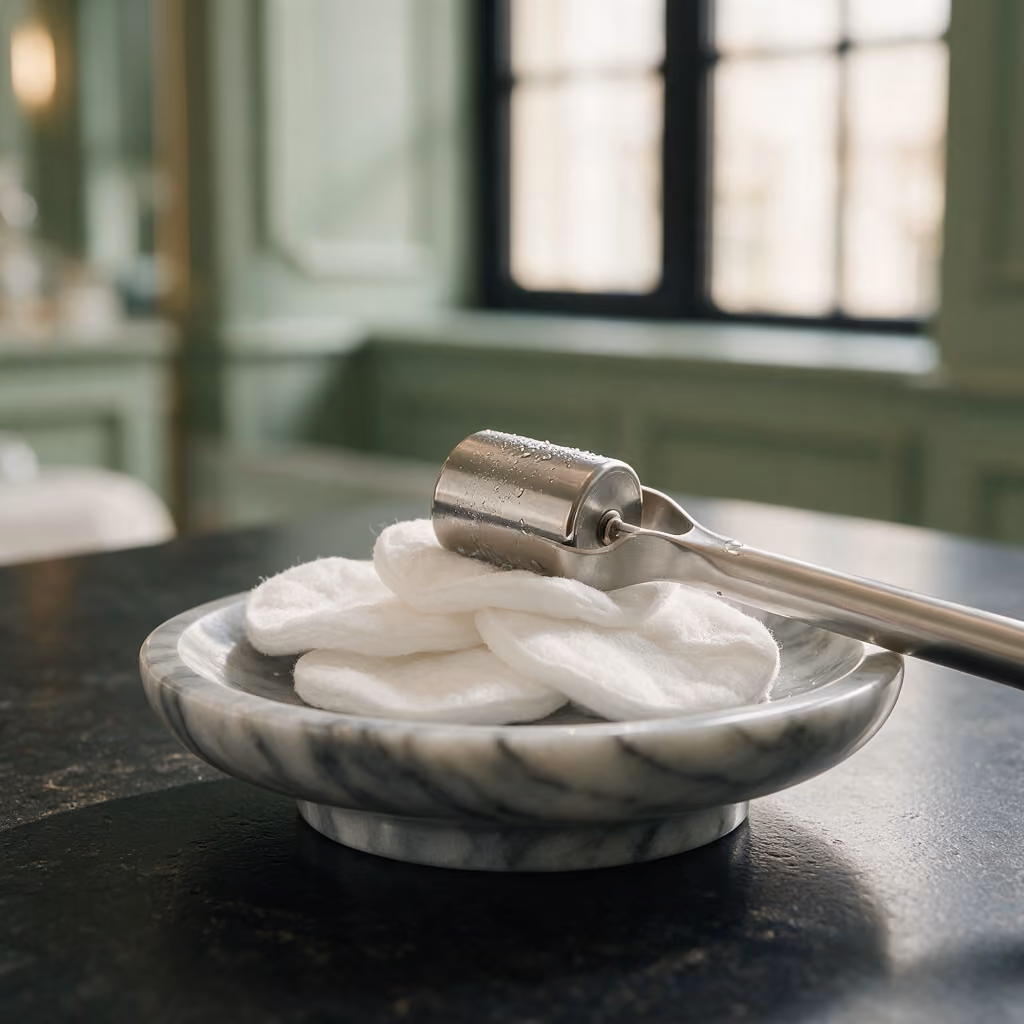 Cotton pads on a cool marble dish with a chilled roller tool