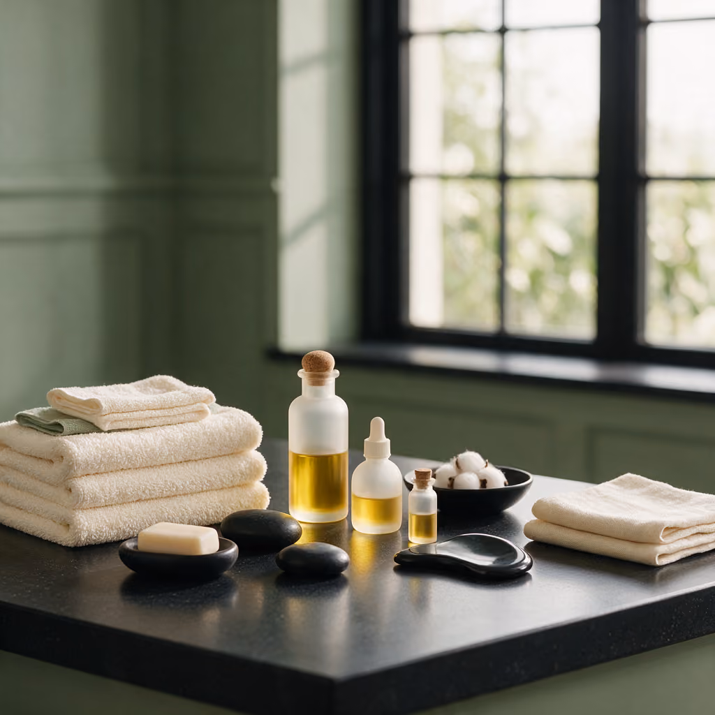 Folded towels beside frosted glass vials, treatment flat lay