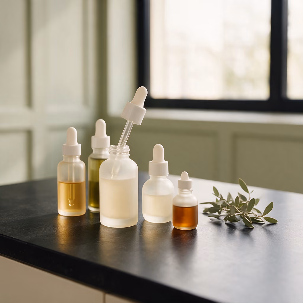 Frosted glass vials beside a sprig of botanical greenery in the treatment room