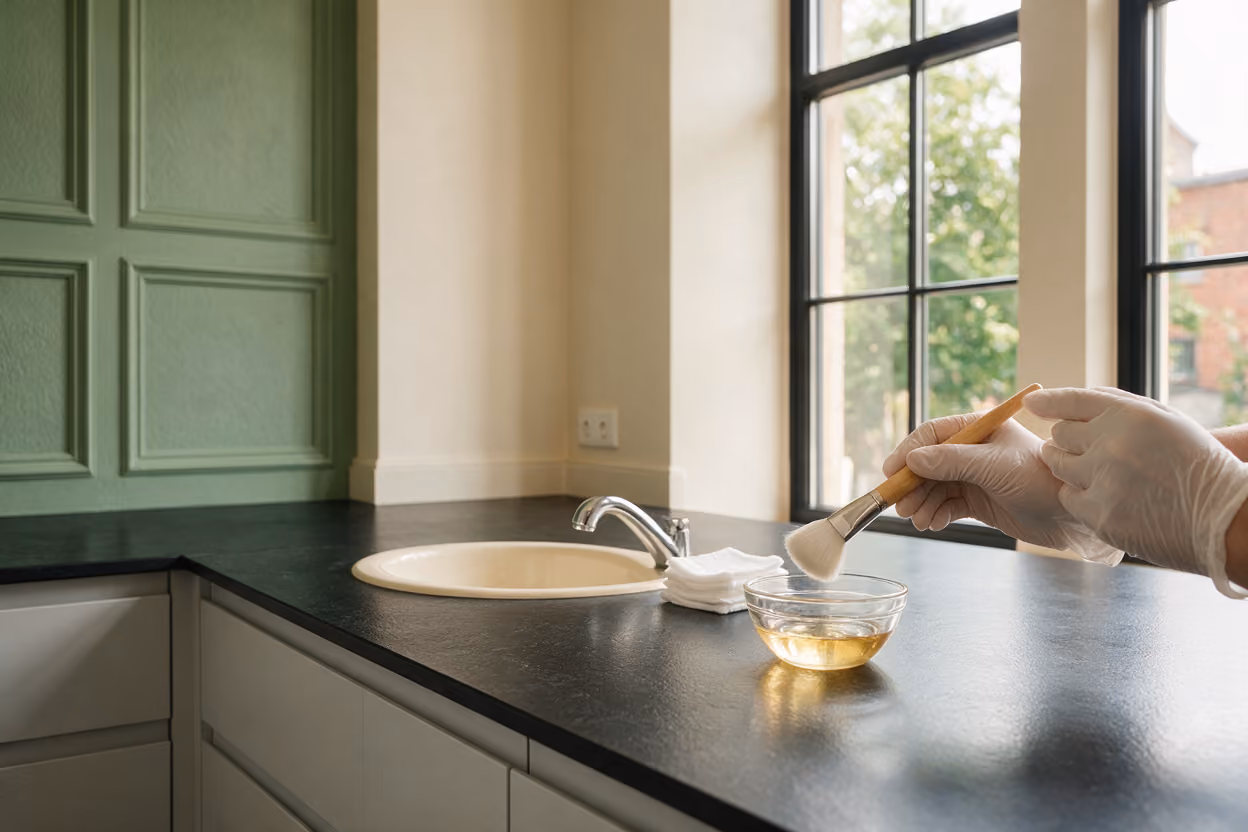 Gloved hands holding an application brush over a bowl of peel solution in the treatment room