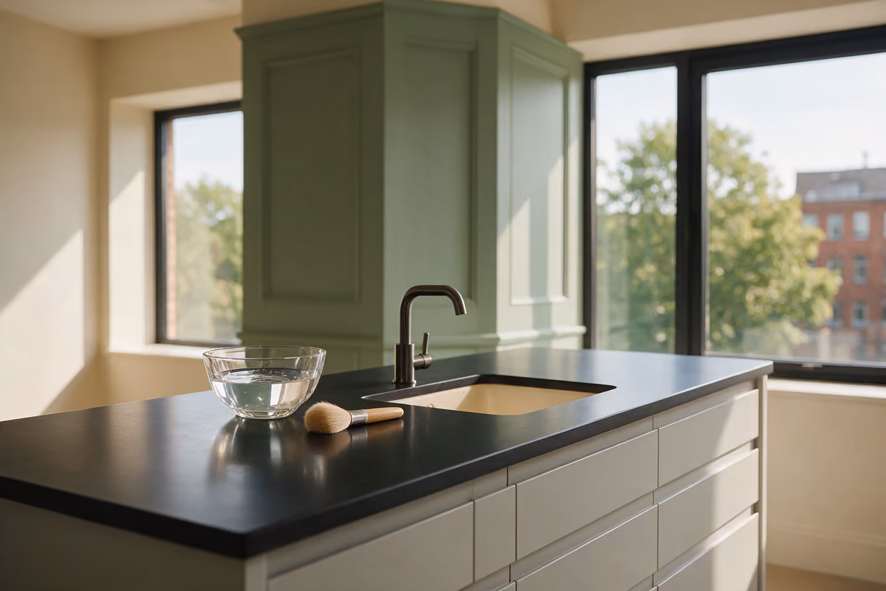 Treatment room worktop with a peel solution bowl and application brush by the window