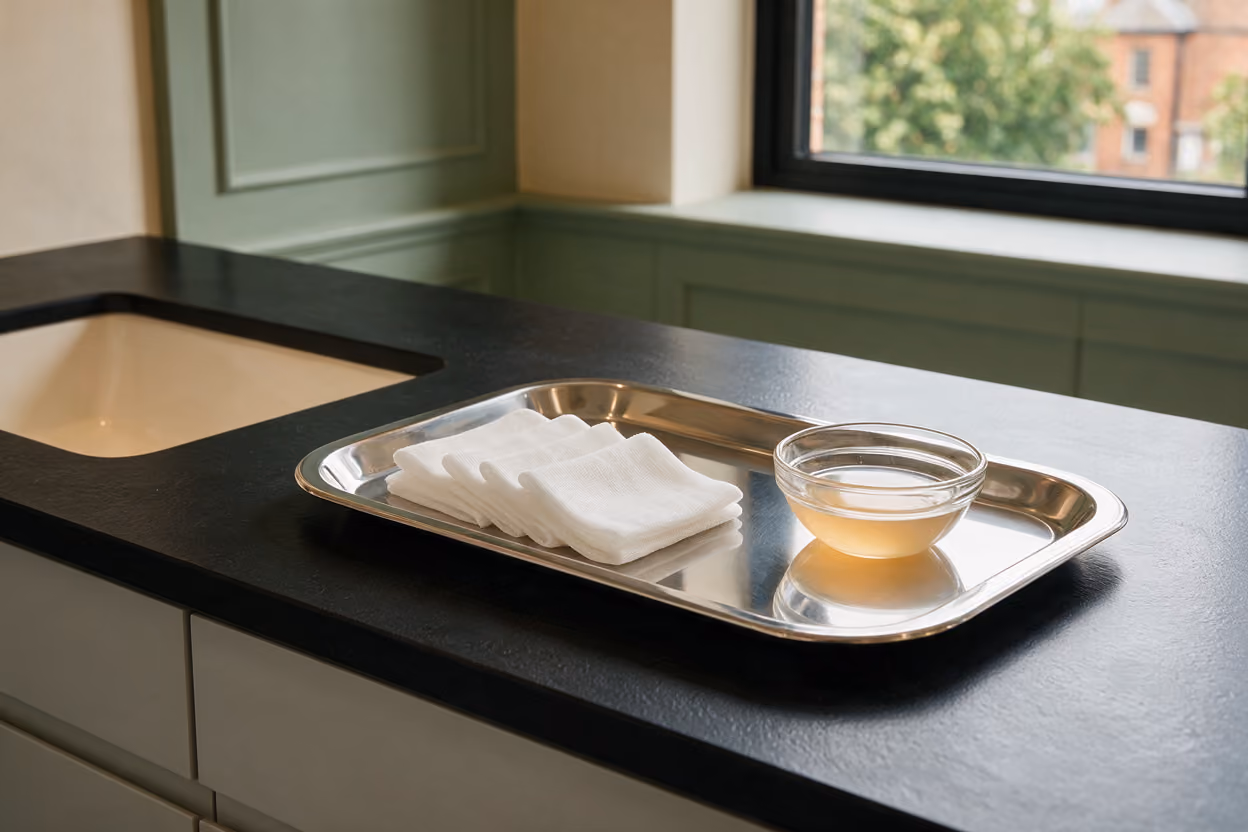 Steel tray setup with folded gauze squares and a bowl of peel solution