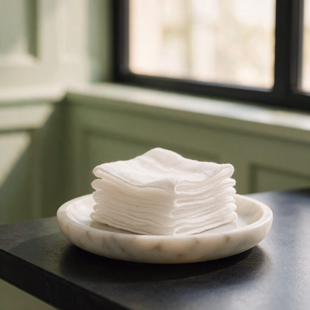 Folded gauze squares stacked on a marble dish