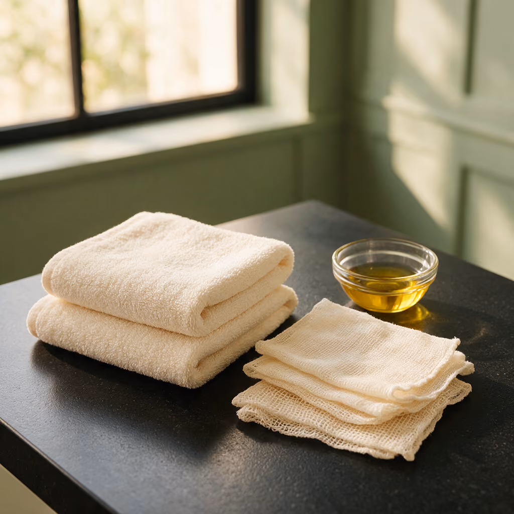 Folded towels, gauze squares and a glass bowl, treatment flat lay