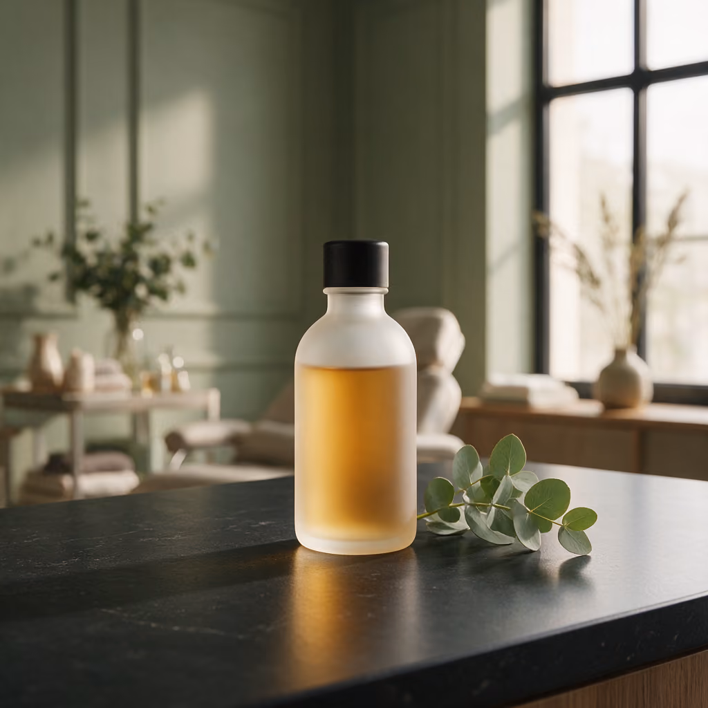 Frosted glass bottle with a sprig of botanical greenery in the treatment room