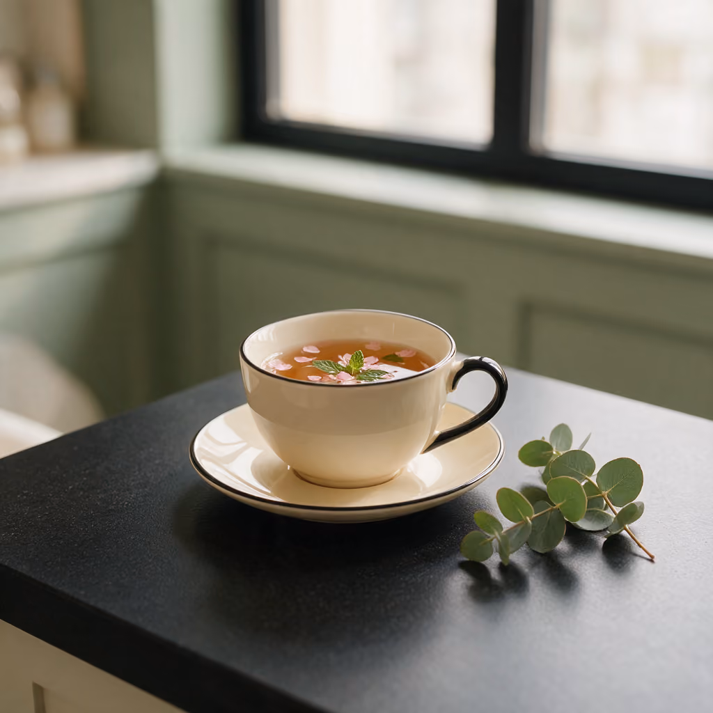 Close-up of a tea cup on a saucer with a sprig of eucalyptus