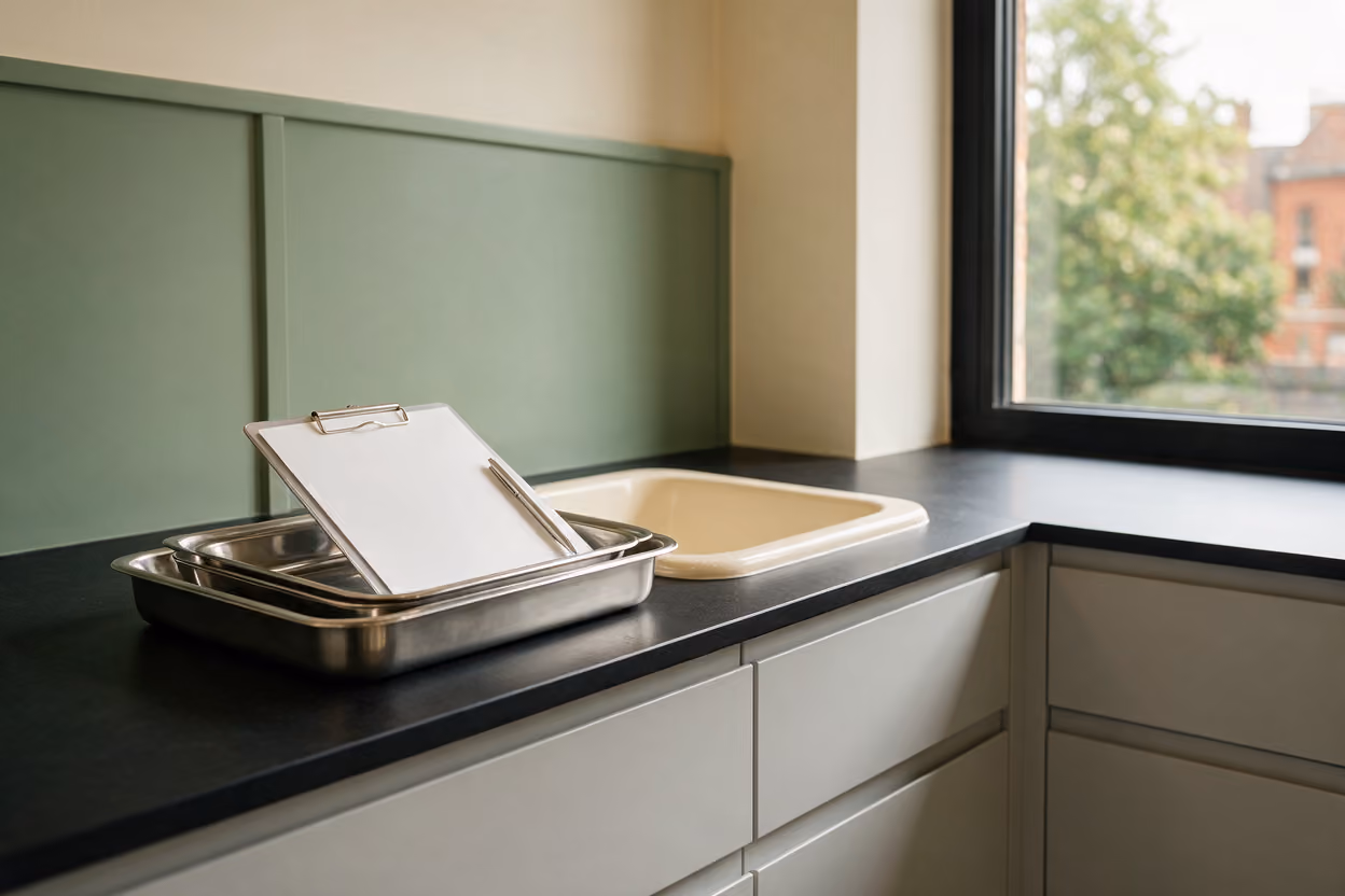 Steel tray setup with a blank clipboard and pen in the consultation room