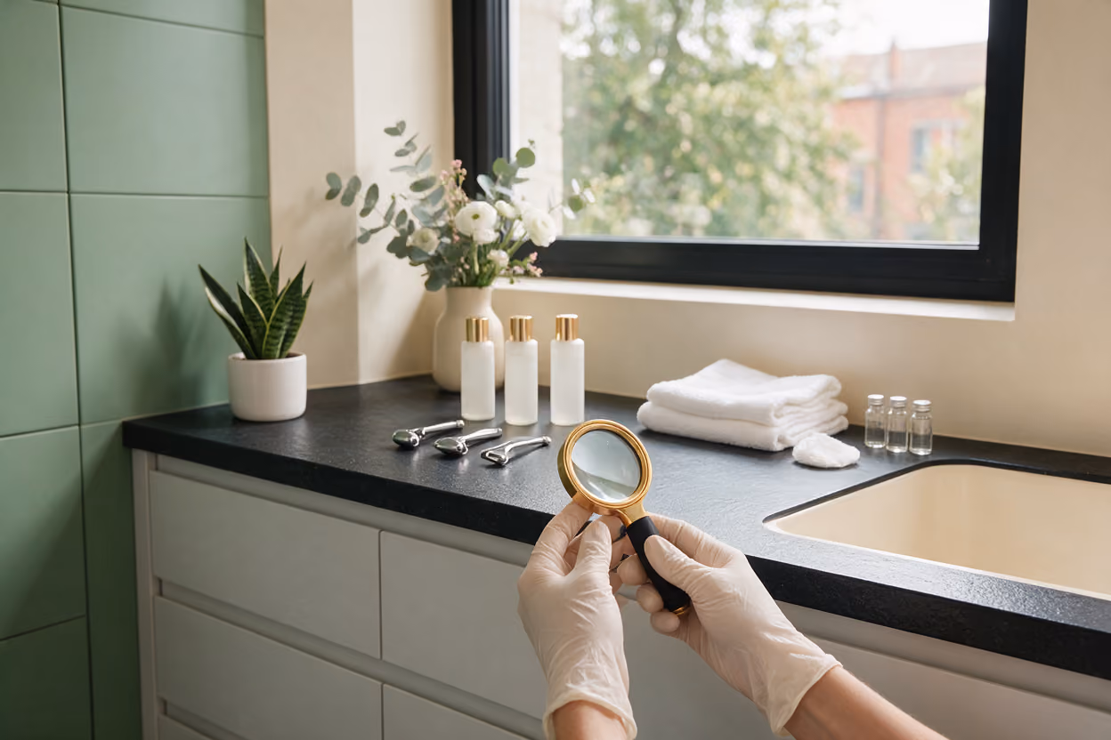 Gloved hands holding a skin-analysis lens over the treatment room worktop