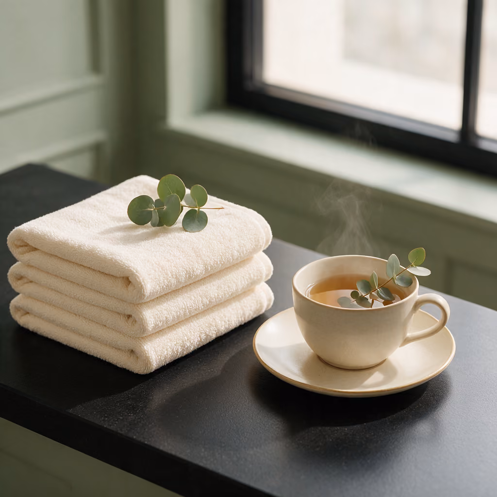 Folded towels, eucalyptus sprig and a tea cup, treatment flat lay