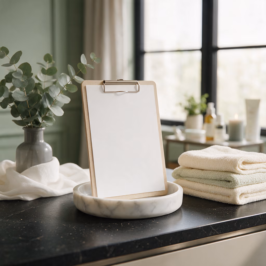 Blank clipboard resting on a marble dish in the consultation room