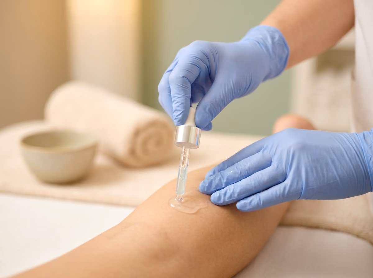 Gloved hands applying a cooling gel serum during a treatment