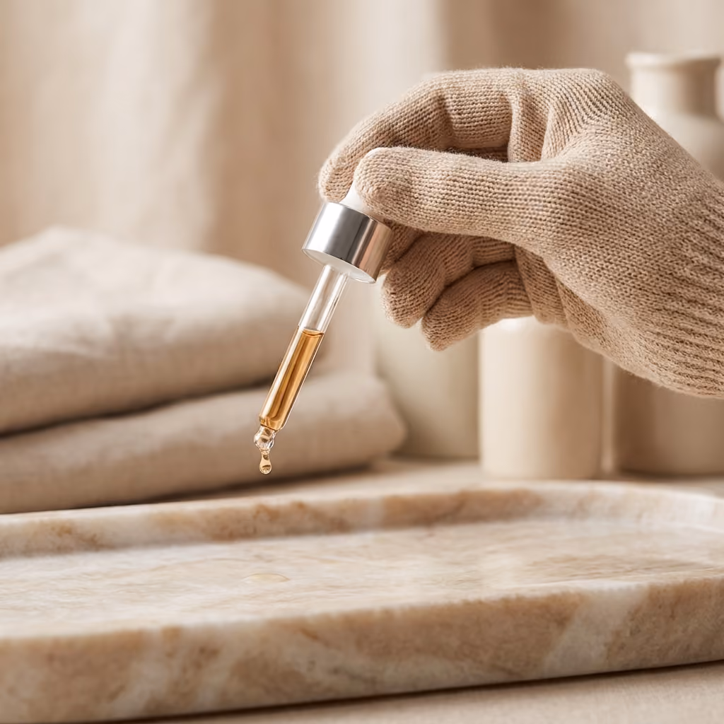 Gloved hand holding a glass skincare serum pipette