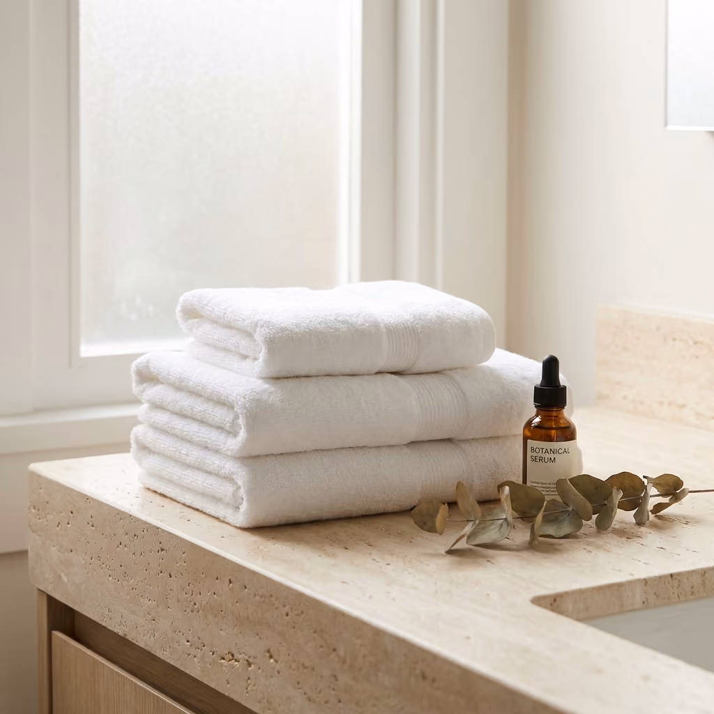 Folded white towels with a skincare bottle in the treatment room