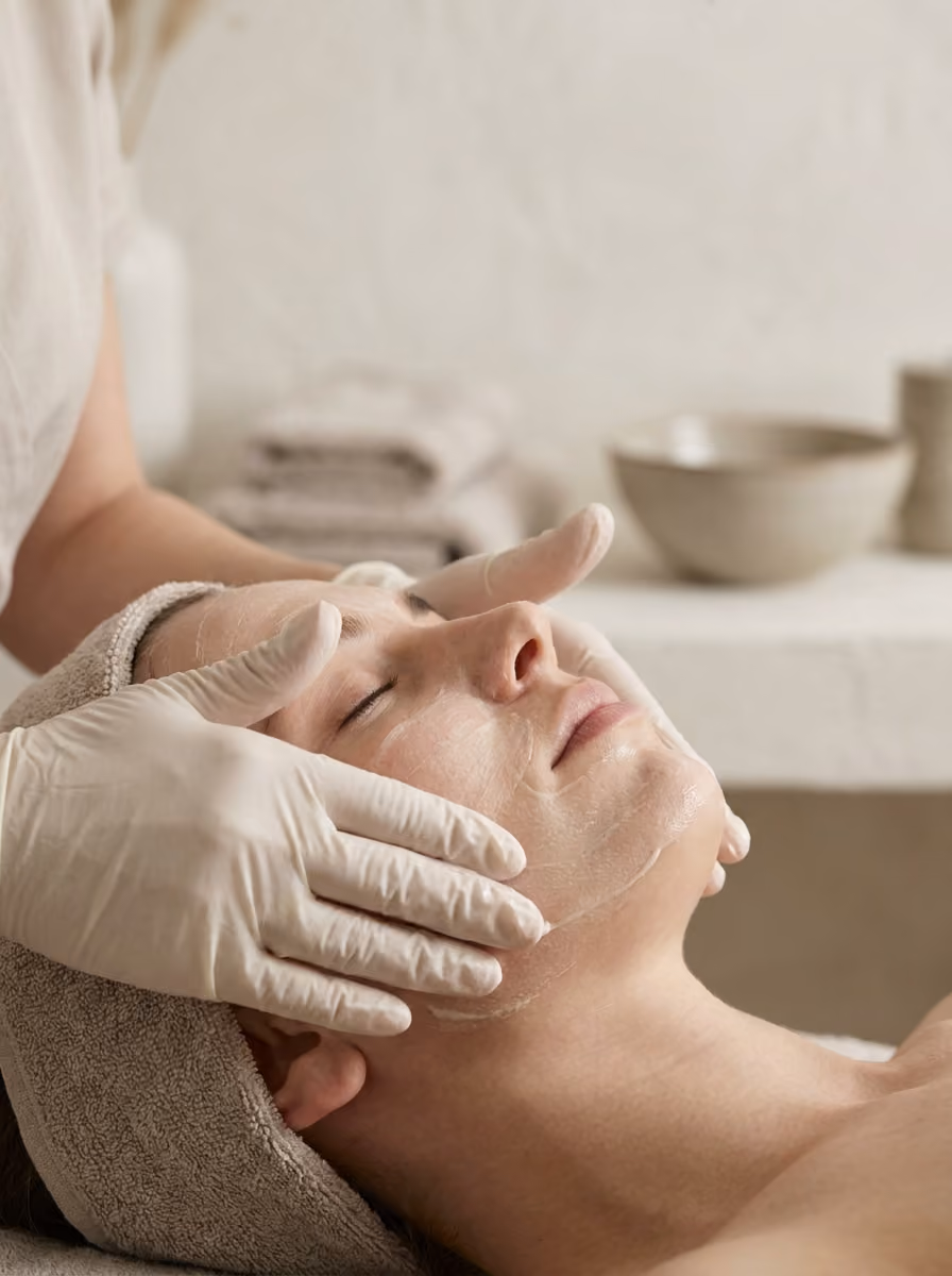 Gloved hands performing a gentle facial skincare treatment