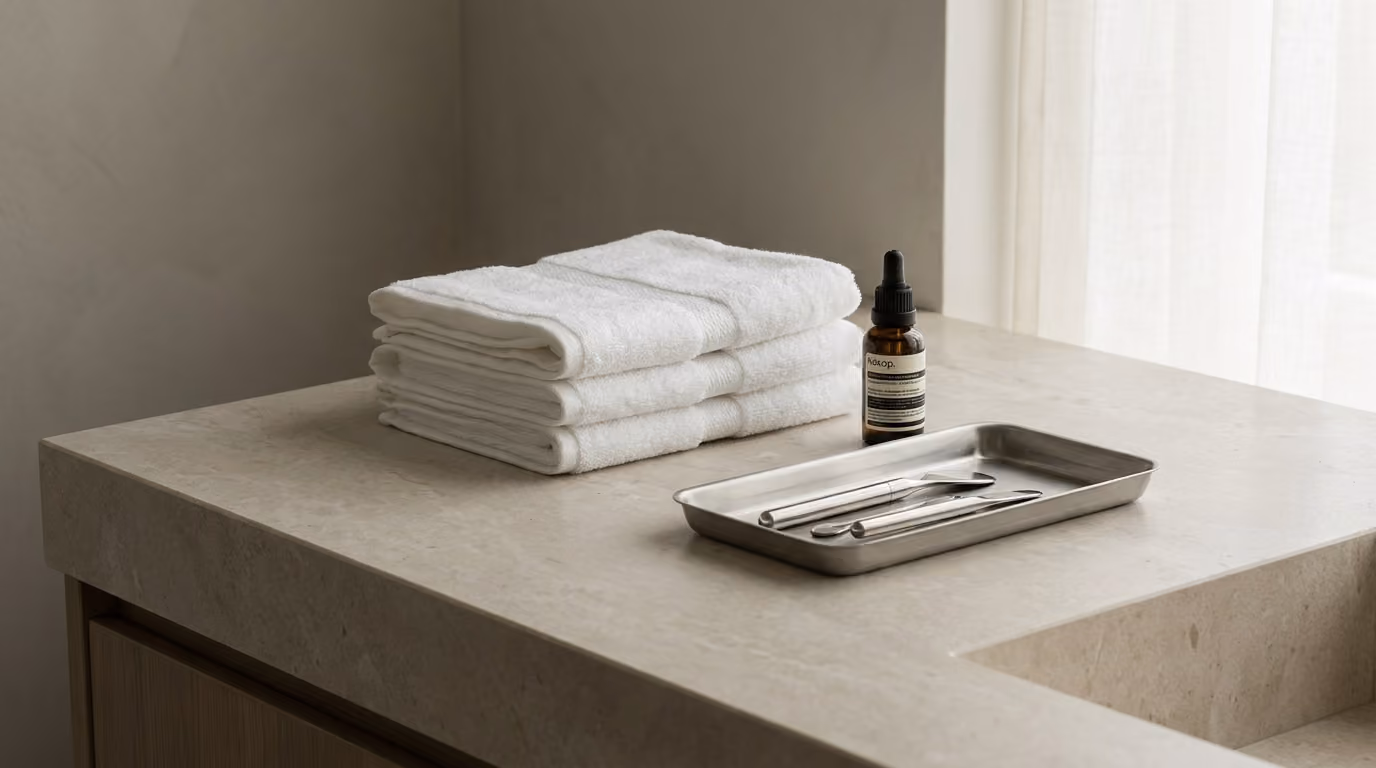 Folded towels and a serum bottle still life