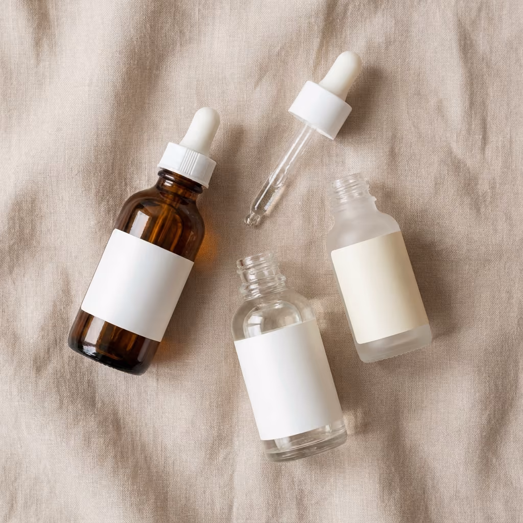 Minimal skincare serum flat lay