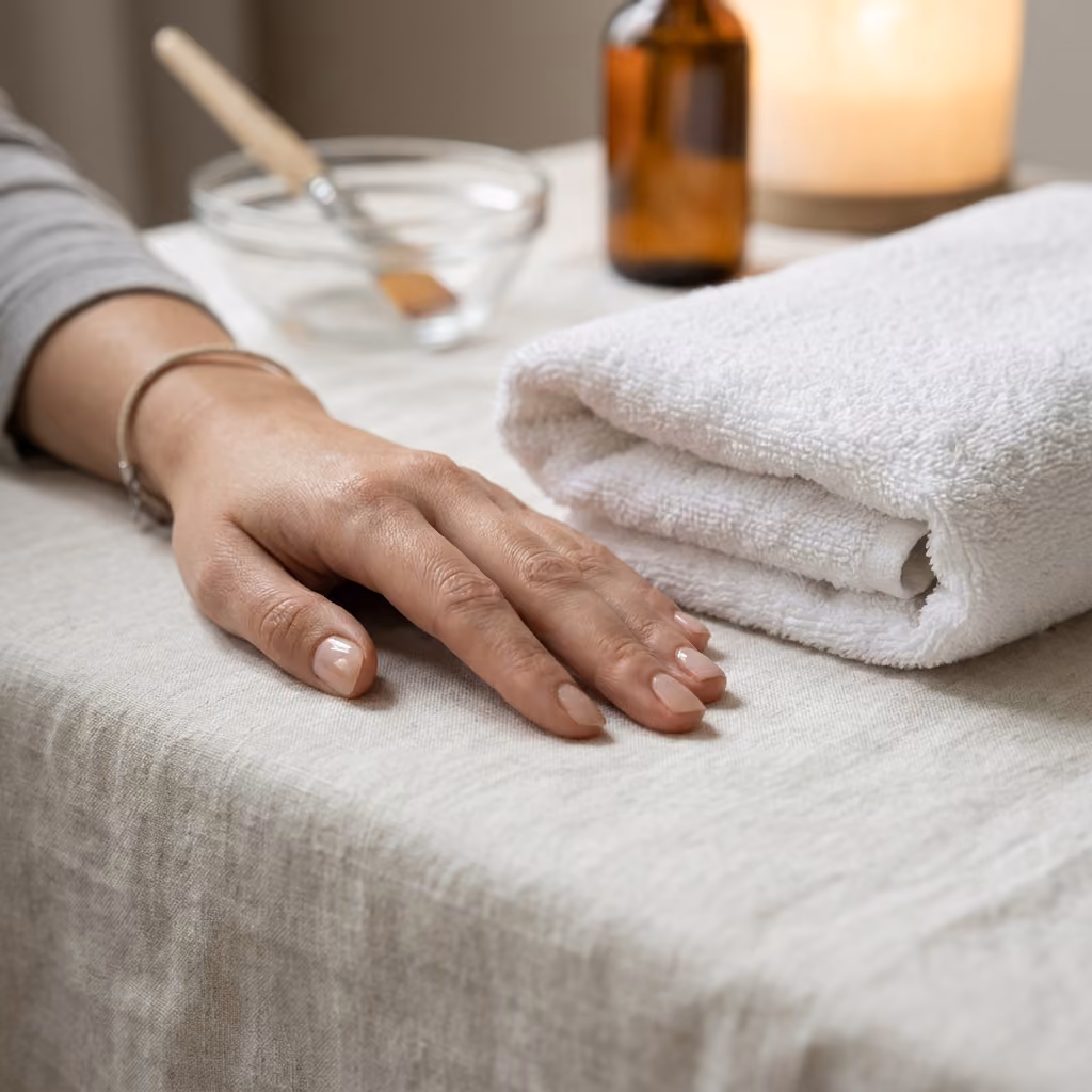 Relaxed hand resting beside a folded towel during a treatment