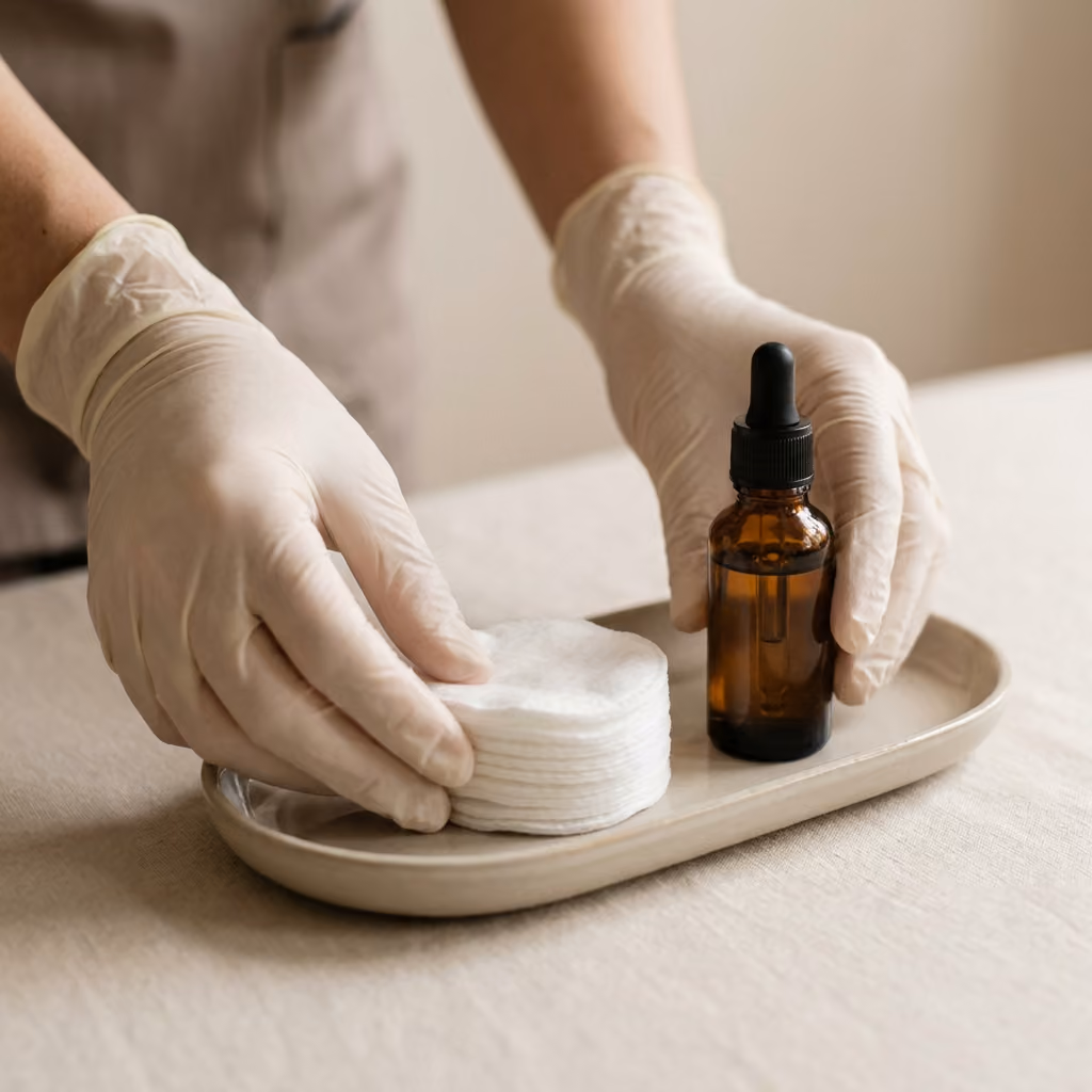 Gloved hands preparing a skincare treatment tray