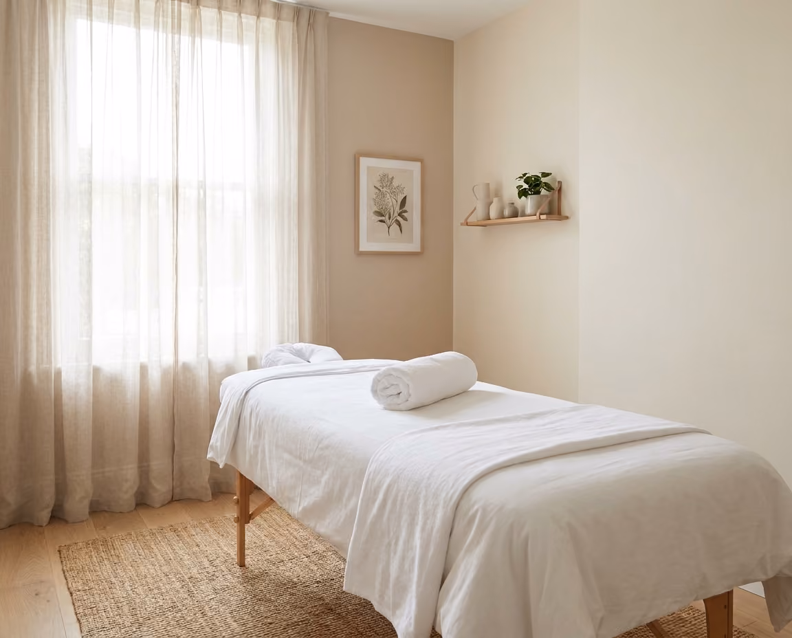 Interior of a calm private treatment room with a clean couch
