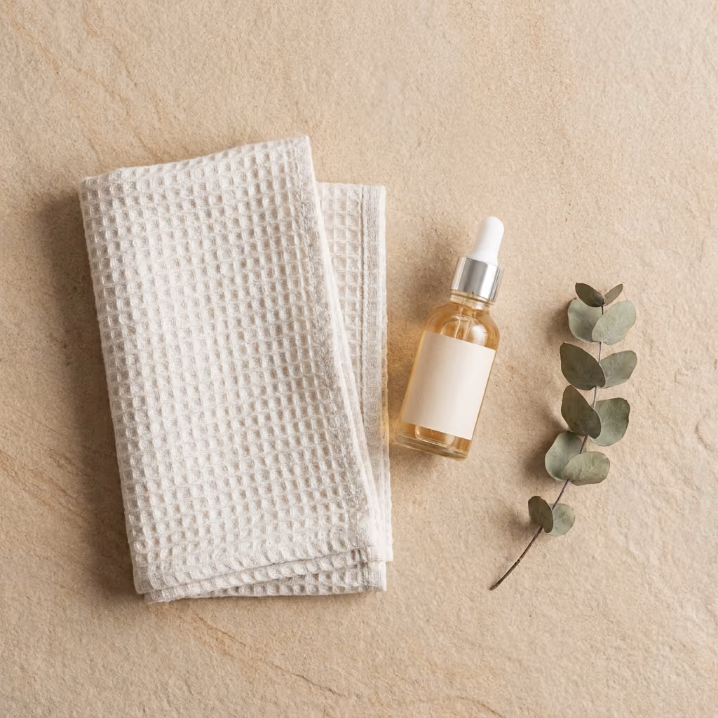 Minimal flat lay of a towel, serum bottle and eucalyptus