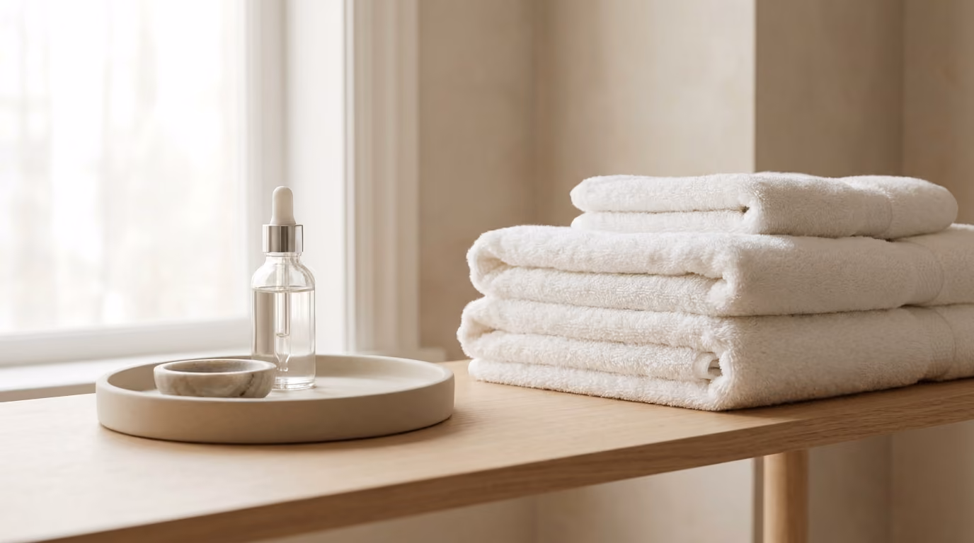 Stacked white towels beside a skincare tray in the treatment room