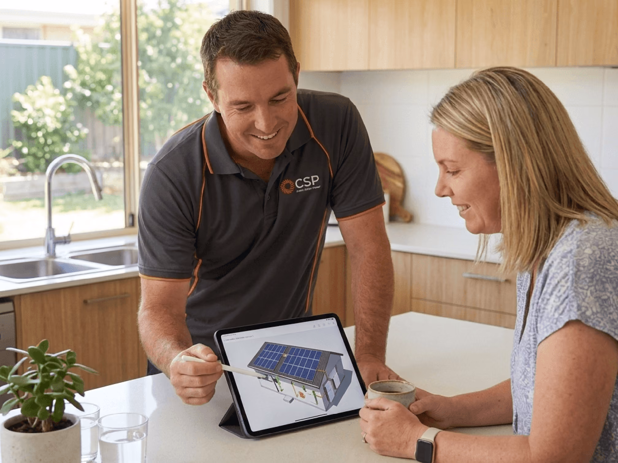 A CSP consultant and Australian homeowner reviewing a custom solar power system design on a tablet device, showing a solar and battery layout.