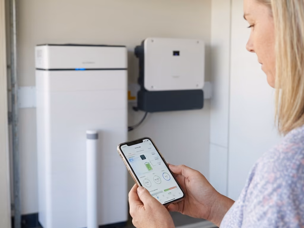 Home battery storage system installed on a garage wall in an Australian home, with the homeowner monitoring energy usage on a mobile app.