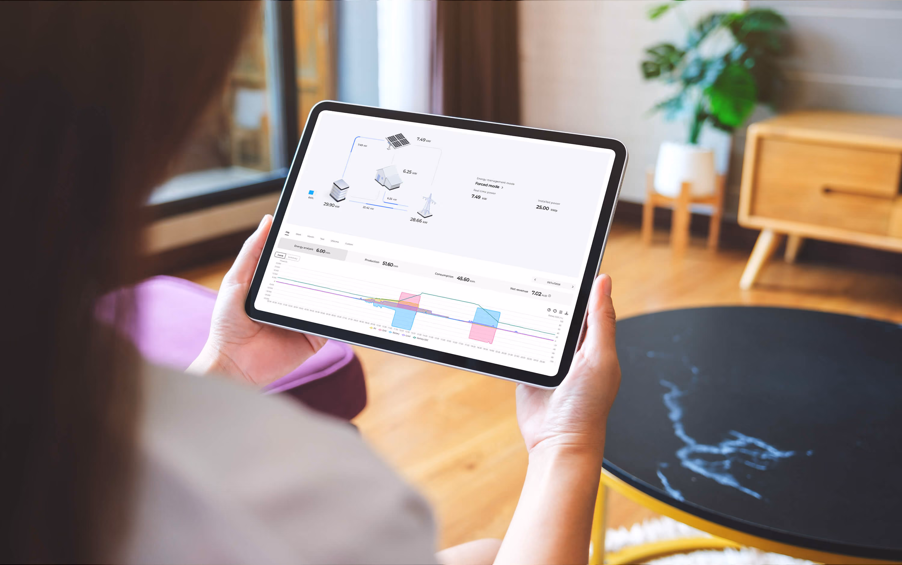 Homeowner viewing the CSP Power Trader energy dashboard on a tablet, showing battery charging and discharging throughout the day.