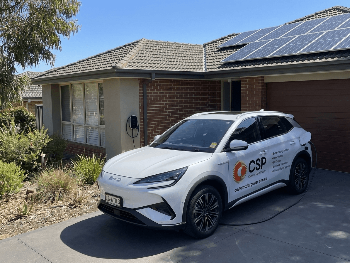 An EV is charging using energy from roof solar panels and battery to ensure the vehicle is charged on your own sunshine, instead of an expensive new load on your evening power bill.