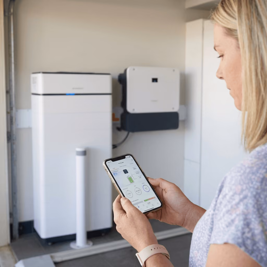 A woman checks her smartphone app to see if her home battery is making money.