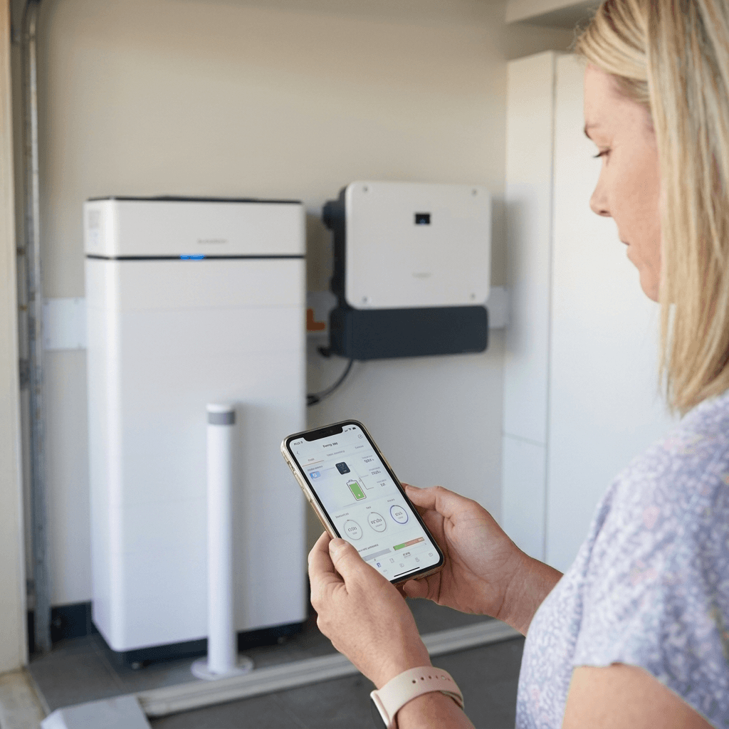 A woman checks her smartphone app to see if her home battery is making money.