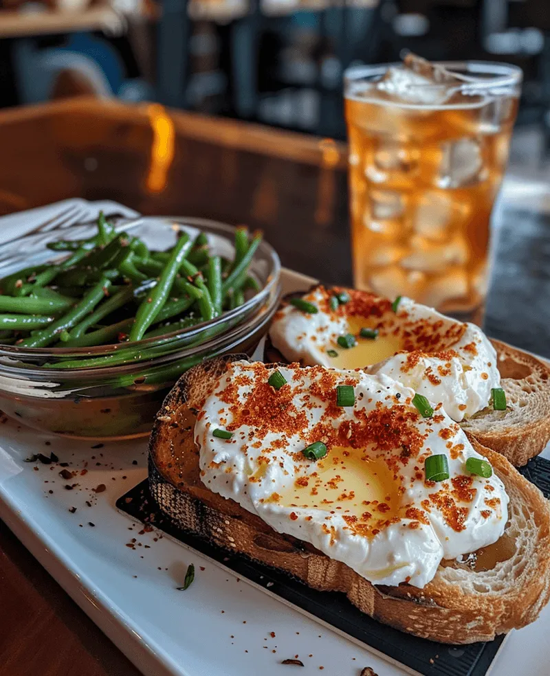 Toast topped with poached eggs garnished with chili flakes and chopped chives, served with green beans in a glass bowl and a glass of iced tea.