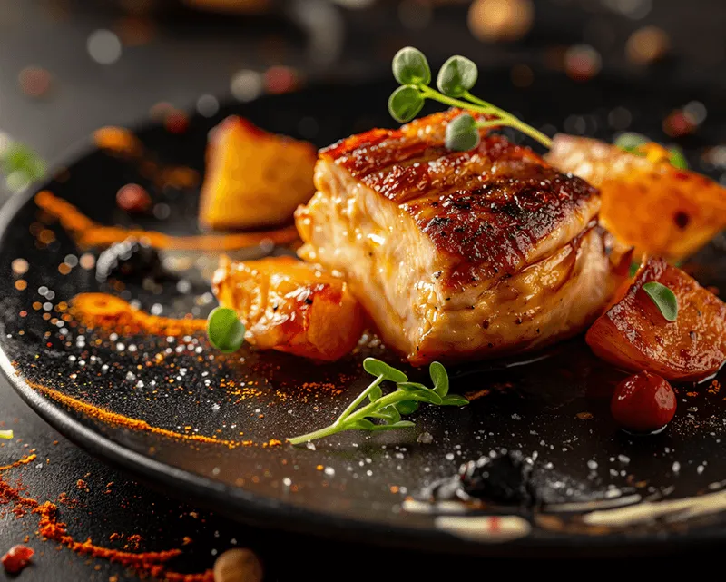 Grilled, glazed fish fillet garnished with microgreens and served with roasted vegetables on a black plate.