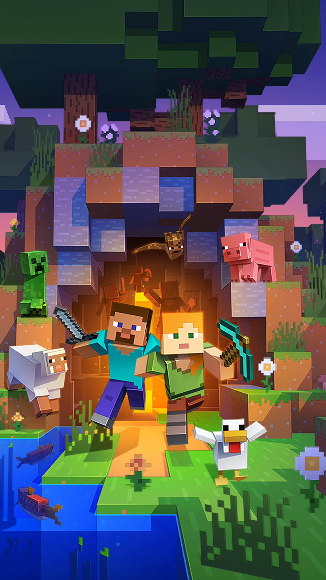 image of Minecraft characters actively running in a virtual Minecraft world