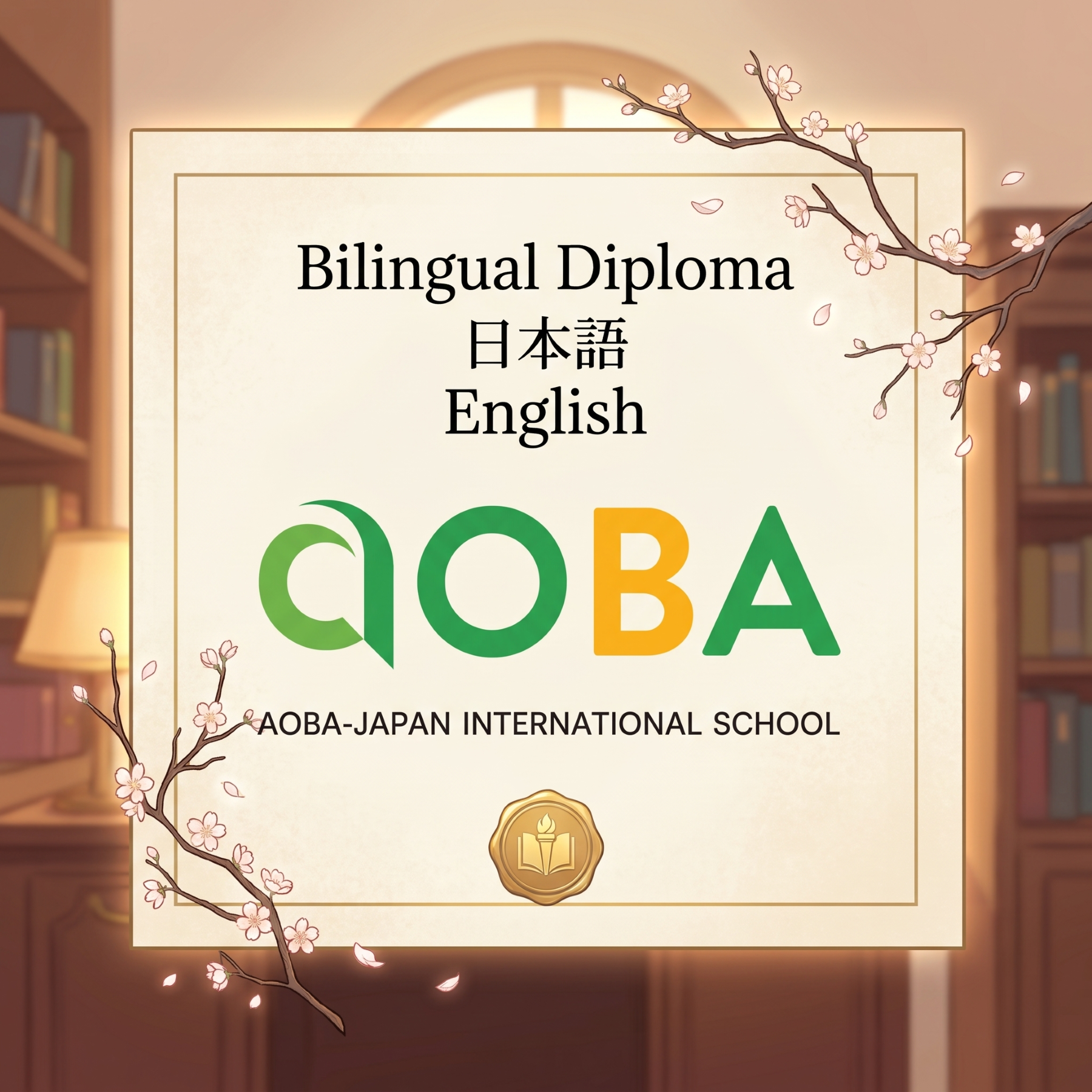 stylized image of a Japanese English bilingual diploma offered by Aoba-Japan International School