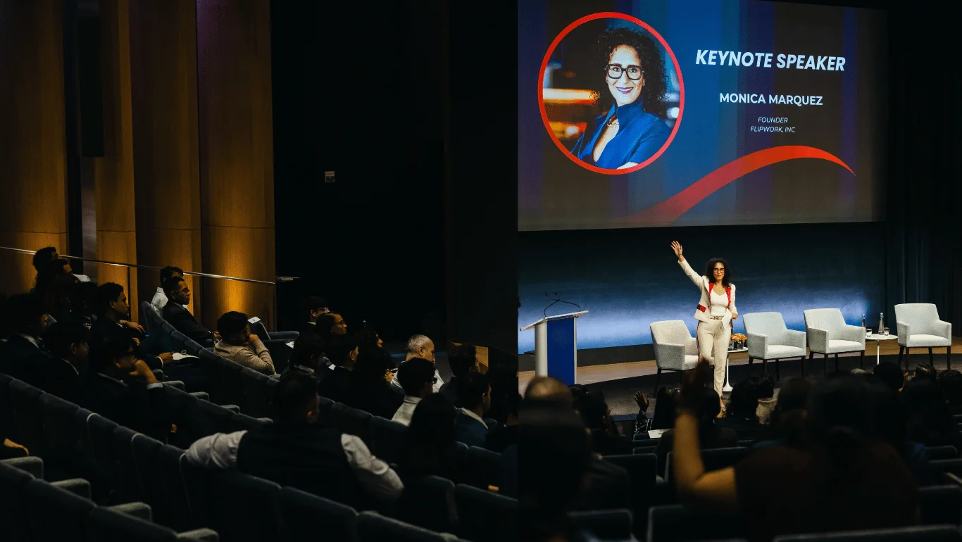 Monica Marquez speaking on stage, audience engaged, keynote speaker screen above