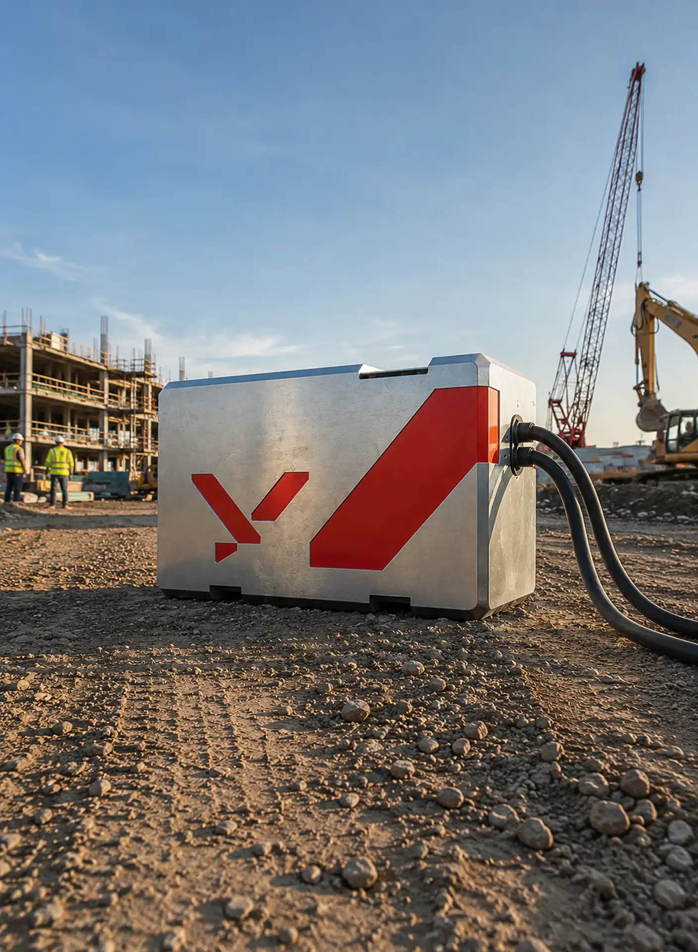 Metal box with red markings connected to thick cables at a construction site with workers and cranes.