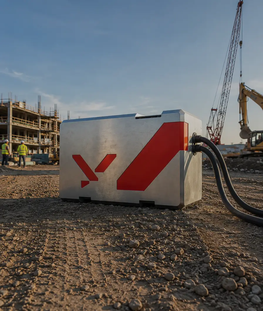 Metal box with red markings on a construction site with cranes and workers in safety vests.