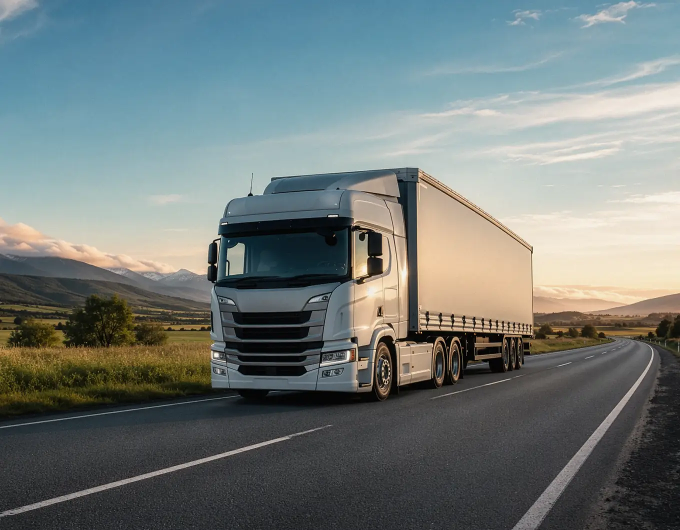 White cargo semi-truck driving on a highway with mountains and fields in the background at sunset.
