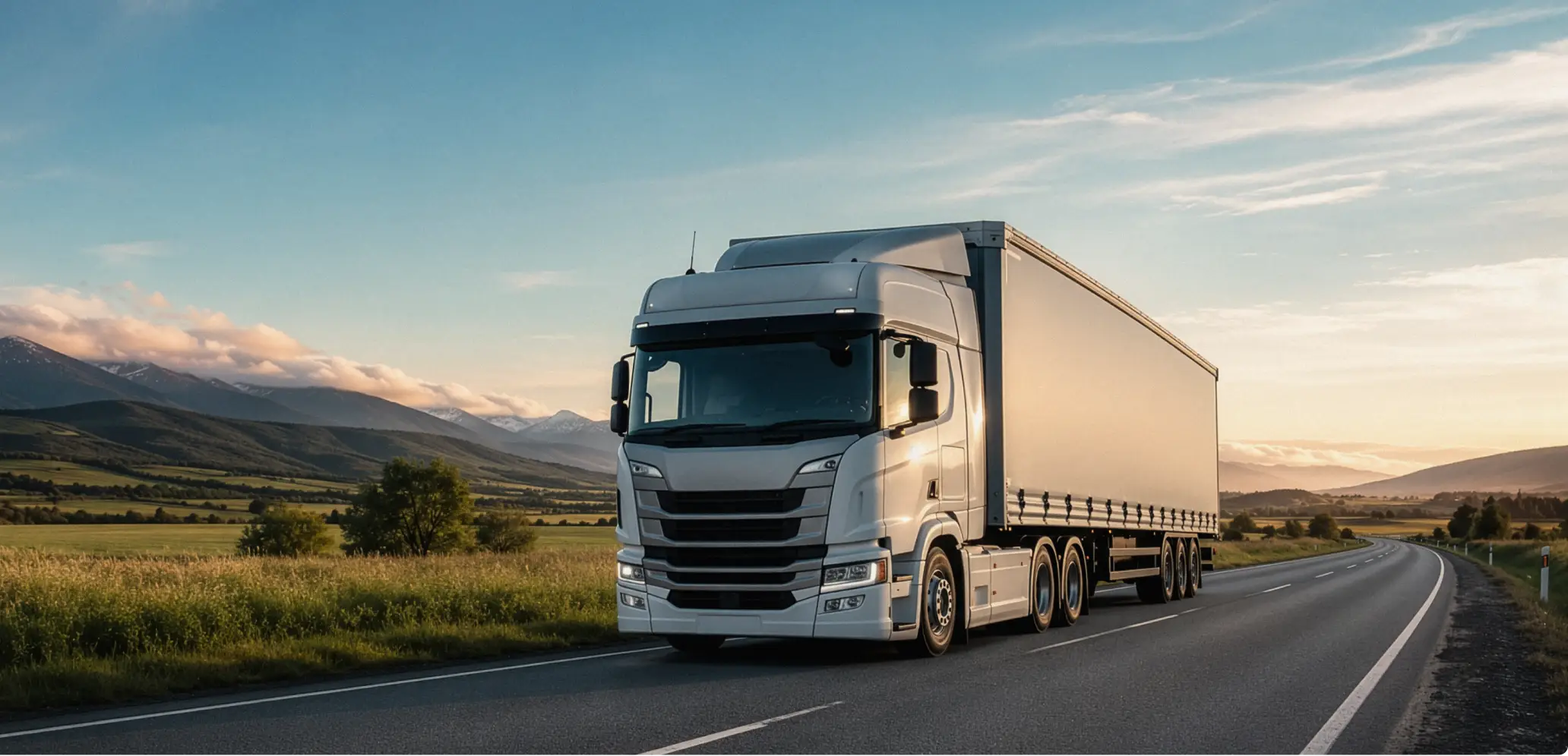 White semi-truck driving on a highway with mountains and fields under a clear sky at sunset.